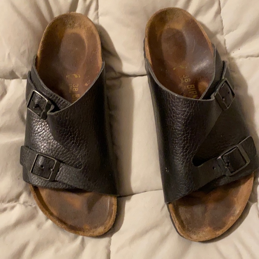 Birkenstock black leather slip on sandal size 8